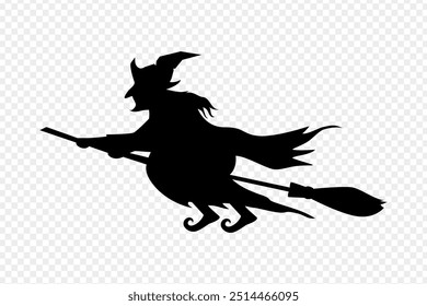 Vector illustration of witch on flying broom on transparent background