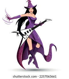 Vector illustration of a witch playing on a flying V electric guitar