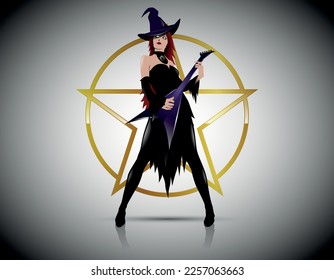 Vector illustration of a witch playing on a flying V electric guitar