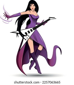 Vector illustration of a witch playing on a flying V electric guitar