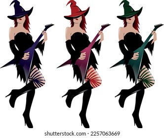 Vector illustration of a witch playing on a flying V electric guitar