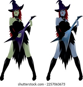 Vector illustration of a witch playing on a flying V electric guitar