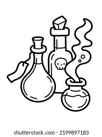 Vector illustration with witch potions. Halloween coloring page. 