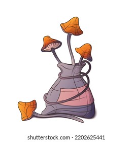 Vector illustration of witch pouch with witchcraft mushrooms. For Halloween design. Halloween props.