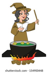 Vector illustration of a witch pronouncing a magic formula, cauldron in foreground.