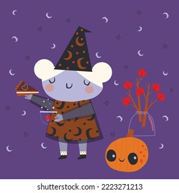 ilustración vectorial de una bruja, una calabaza y un ramo de otoño sobre un fondo oscuro.