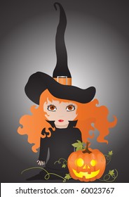 Vector illustration of witch with pumpkin on a black background