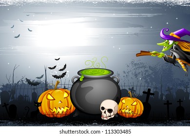 vector illustration of witch with pumpkin in scary Halloween night