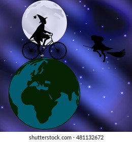 Vector illustration of a witch riding a bicycle across the globe on a moonlit night