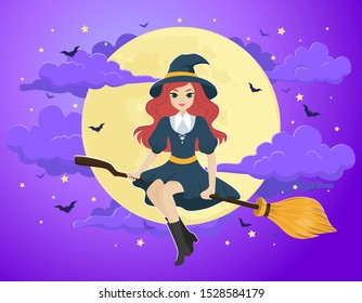 Vector illustration the witch riding a broom with a moon, stars, clouds and bats in the background.