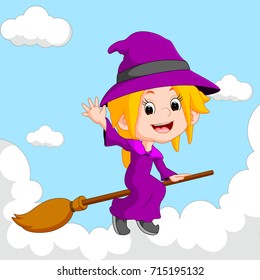 vector illustration of witch riding on a broom
