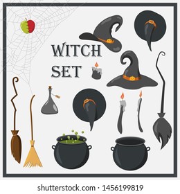 Vector illustration of witch set. Witch hats, brooms and cauldrons, candles, poison apple and cobweb. Separated elements on grey background. Art for Halloween  cards, posters and banners