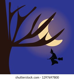 A vector illustration of a  witch silhouette . Flying on a broomstick