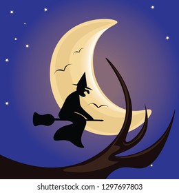 A vector illustration of a  witch silhouette . Flying on a broomstick