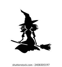 Vector illustration of witch silhouette flying on brooms isolated on white background