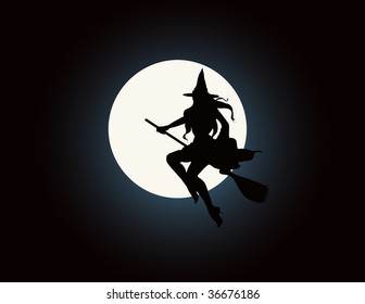 vector illustration, witch silhouette flying to the moon, halloween concept.