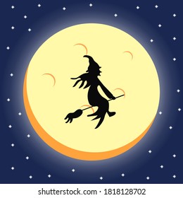 vector illustration of a witch silhouette over a dark halloween night sky behind the moonlight.