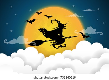 Vektorillustration-Illustration einer Hexensilhouette über einem dunklen Halbwunder des Nachthimmels.
