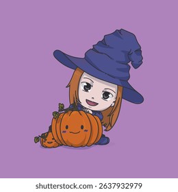 A vector illustration of a witch sitting and hug cute pumpkins. Suitable for halloween theme design, education, printable, etc