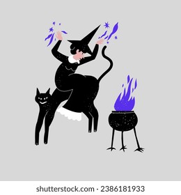 Vector illustration the witch sitting on a big black cat and conjures over the cauldron Magic mystical rite. Halloween