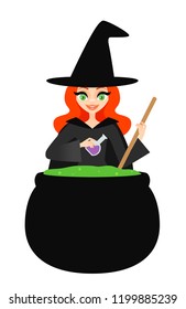 Vector illustration of a witch stirring a bubbling green potion