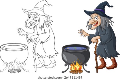 Ilustração vetorial de uma bruxa agitando um caldeirão sobre um fogo, mostrando cores vibrantes e trabalho de linha detalhado