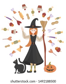 Vector illustration of a witch with sweets and a cat and pumpkins for Halloween. Design for flyers, posters, cards, scenery on the eve of all saints.