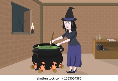 Vector illustration of a witch that making magical potions in her house.