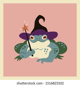 
Vector illustration with a witch toad with a magic wand for Halloween postcard