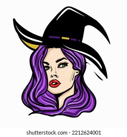 Vector illustration of a witch woman in a hat. Hand-drawn vector illustration.