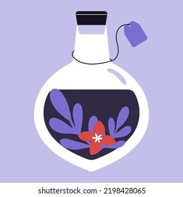 Vector illustration with witchcraft, potion, bottle, elixir, plants, vial in graphic flat style. Halloween magical isolated clip art for design of party invitation, sticker, card, merch. 