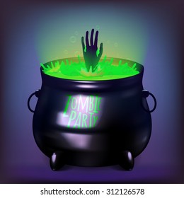 Vector illustration witches cauldron. Potion and magic. Acidic color potions. Zombie Hand. EPS 10