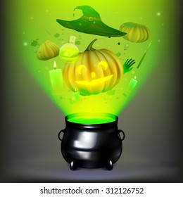 Vector illustration witches cauldron. Potion and magic. Pumpkin, witch hat, cauldron,  Jack-o'-lantern. EPS 10