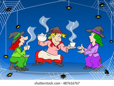 vector illustration of witches celebrate a halloween party with magic potion