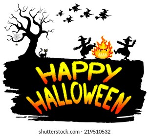 vector illustration of witches dancing around the fire at halloween