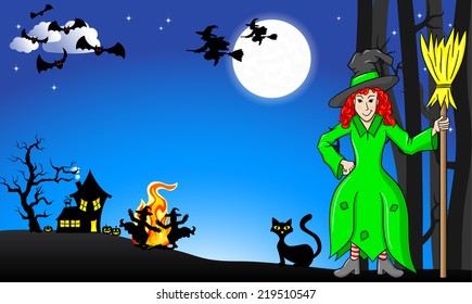 vector illustration of witches dancing around the fire at halloween
