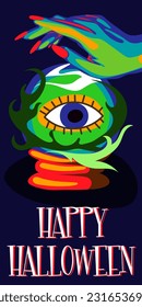 Vector illustration of witches' hands with a magic ball, a prediction of the future and the inscription Happy Halloween for a party invitation card, poster Greeting card banner for the Day of the Dead