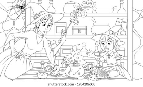 Vector illustration, Witches Mom and daughter are engaged in cheerful witchcraft, in their home, coloring book