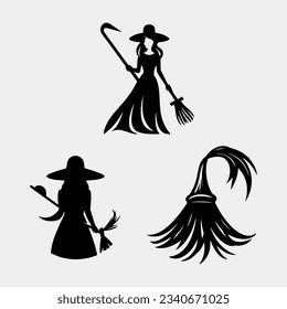 Vector illustration of witches silhouettes with brooms isolated on white background