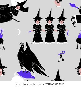 Vector illustration of witches silhouettes in different poses and doing mystical magic rites, black cat and raven. Halloween seamless pattern