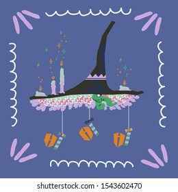 Vector illustration of Witch's big hat with magical candles and spooky laugh