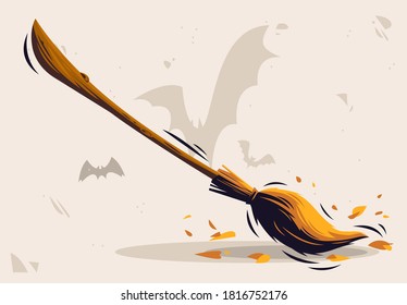 Ilustración vectorial de la escoba de una bruja con hojas de otoño para Halloween