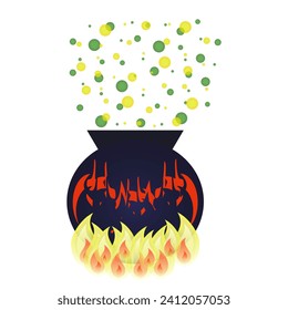 Vector illustration of a witch's cauldron boiling over a fire with a bubbling green and yellow potion. Perfect for Halloween designs.