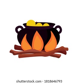 Vector illustration of a witch's cauldron with a potion on the fire. Green potion with bubbles, bright colorful illustration in flat style isolated on white background.Perfect for stickers, openings