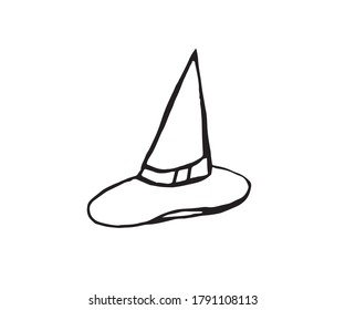 Vector illustration. A witch's hat drawn in lines on a light background.