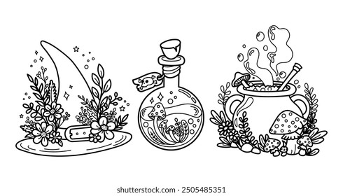 Vector illustration of a witch's hat, potion bottle, and cauldron, surrounded by magical plants and mushrooms. 