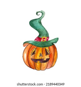 Ilustración vectorial del diseño de la cabeza de calabaza de sombrero de una bruja. Ilustración vectorial plana. Ilustración plana sobre el fondo blanco para el diseño de la decoración.