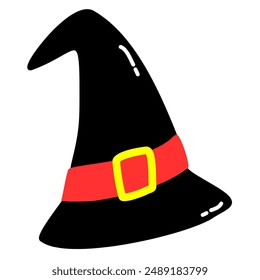 Vector illustration of a witch's hat with a red band and yellow buckle. Perfect for Halloween-themed designs, decorations, invitations, websites, and festive projects