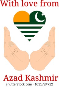 Vector illustration "With love from Azad Kashmir". Flag of Azad Kashmir  in the shape of a heart and two hands