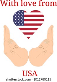Vector illustration "With love from United States of America (USA)". Flag of United States of America (USA)  in the shape of a heart and two hands